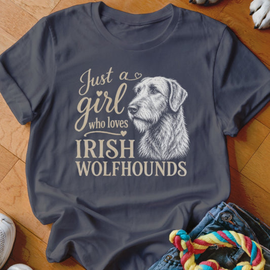 Dark t-shirt with sketch of Irish Wolfhound and text "Just a girl who loves Irish Wolfhounds".
