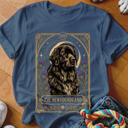 Navy blue t-shirt featuring a tarot card graphic of a Newfoundland dog and the text The Newfoundland.