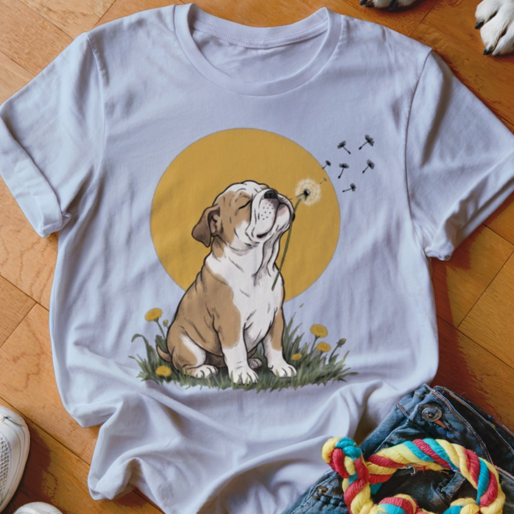 A white t-shirt featuring a graphic of a bulldog puppy blowing dandelion seeds against a yellow sun.