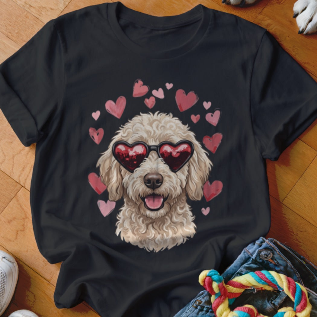 A black t-shirt featuring a fluffy golden doodle wearing heart-shaped sunglasses surrounded by pink hearts.
