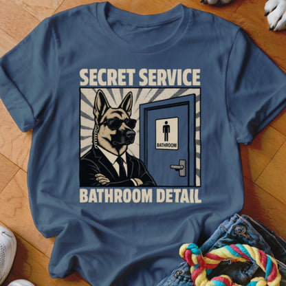 German Shepherd in suit and sunglasses guarding a bathroom door with text.