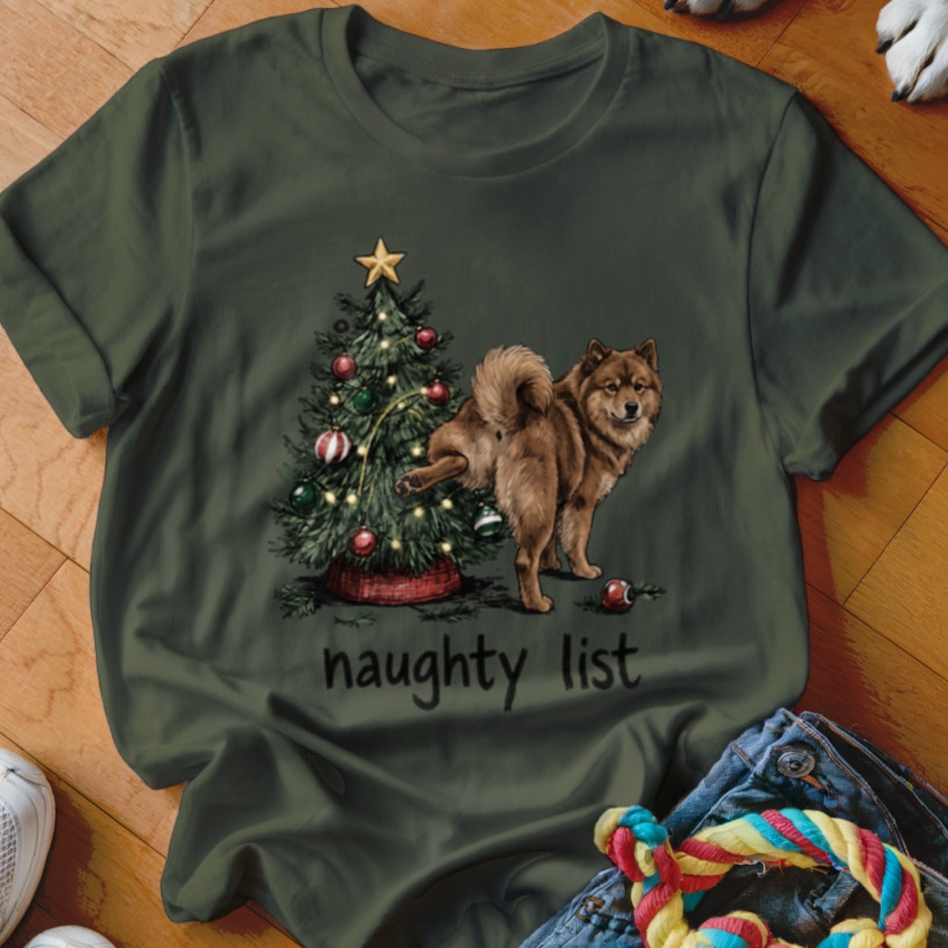 Brown dog near a Christmas tree with lights and ornaments, text reads "naughty list".