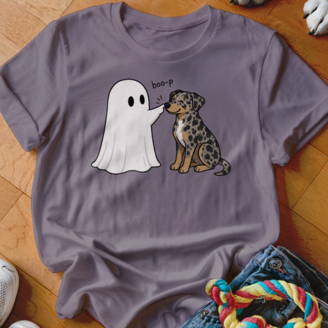 A ghost "boops" a sitting Catahoula leopard dog with the word "boo-p".