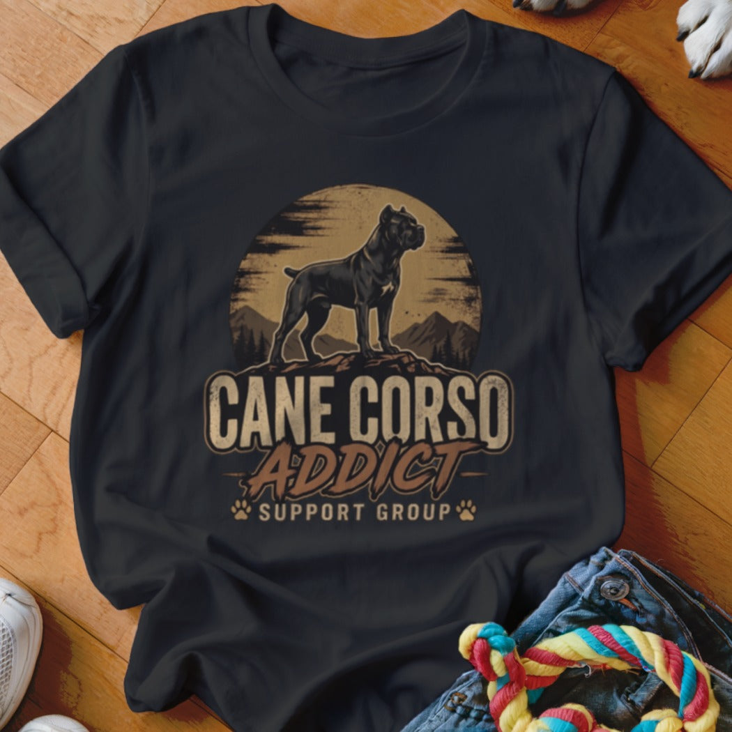 Black t-shirt featuring a Cane Corso graphic with a sunset, mountains, and the text Cane Corso Addict Support Group.