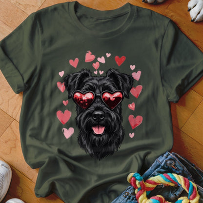 Dark green t-shirt featuring a graphic of a black schnauzer wearing heart-shaped sunglasses surrounded by pink hearts.