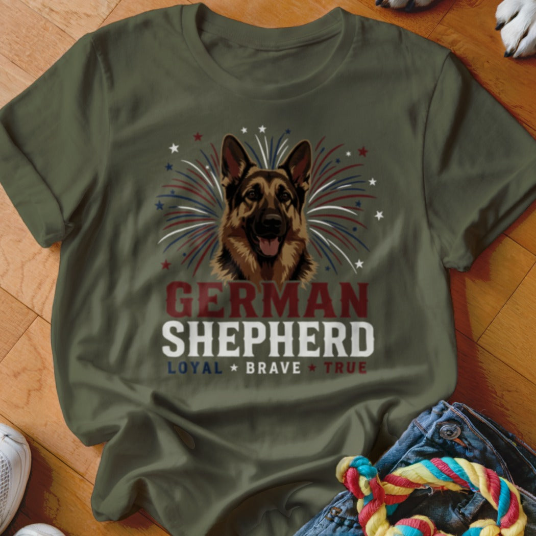 German Shepherd loyal brave true t-shirt with patriotic fireworks.