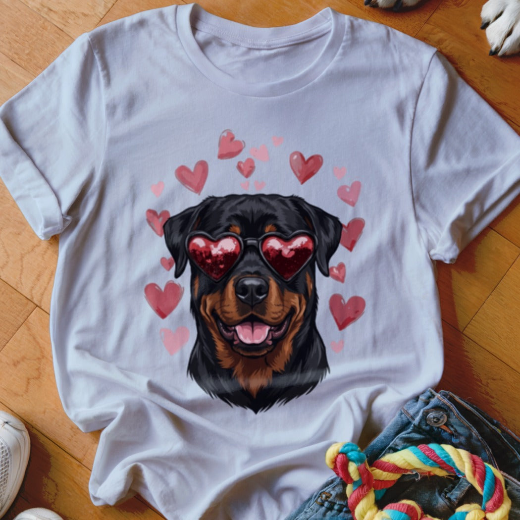 A white t-shirt featuring a graphic of a Rottweiler wearing heart-shaped sunglasses surrounded by pink hearts.