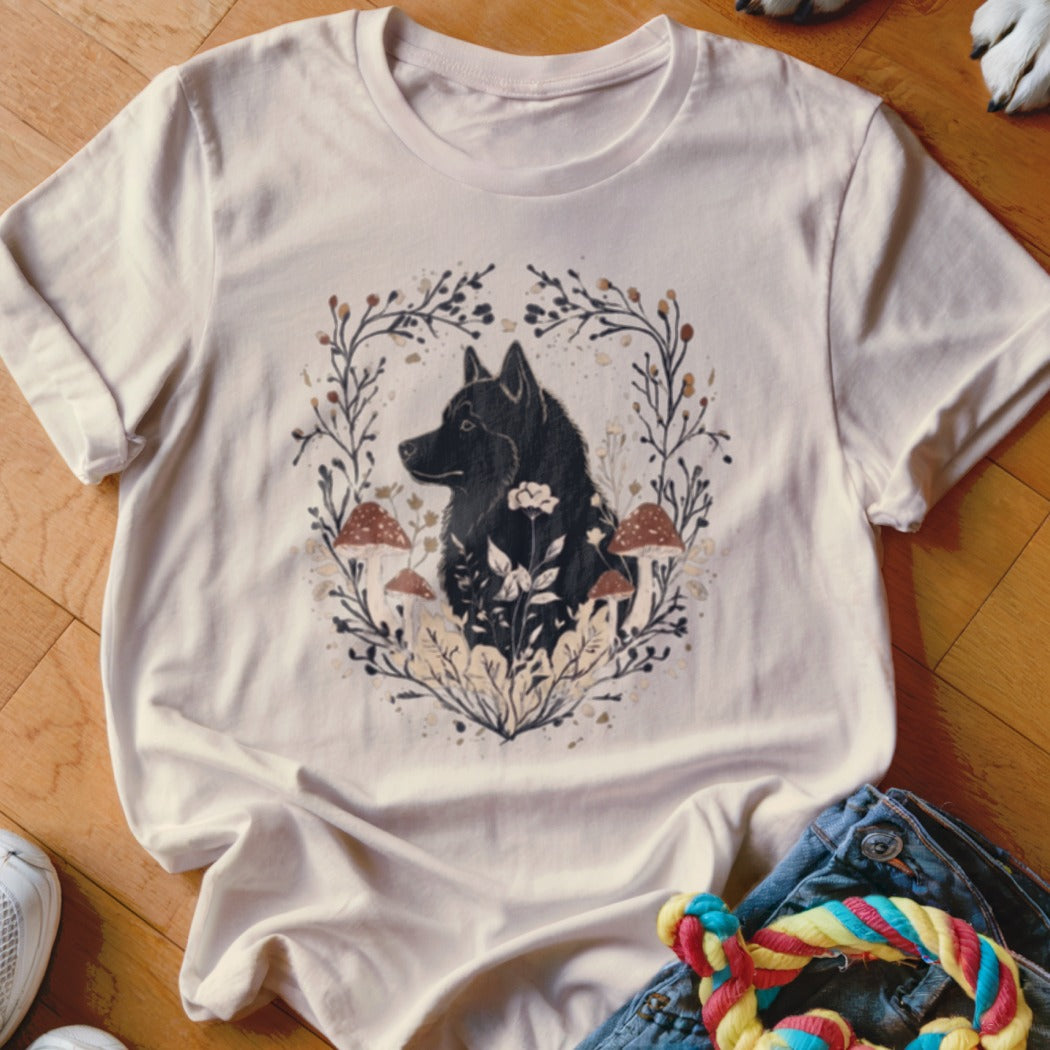 Cream-colored t-shirt with a graphic of a black dog surrounded by botanical illustrations and mushrooms.
