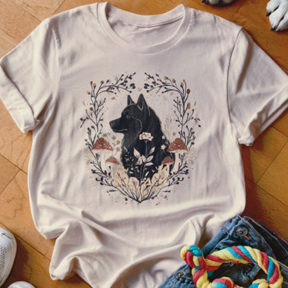 Cream-colored t-shirt with a graphic of a black dog surrounded by botanical illustrations and mushrooms.