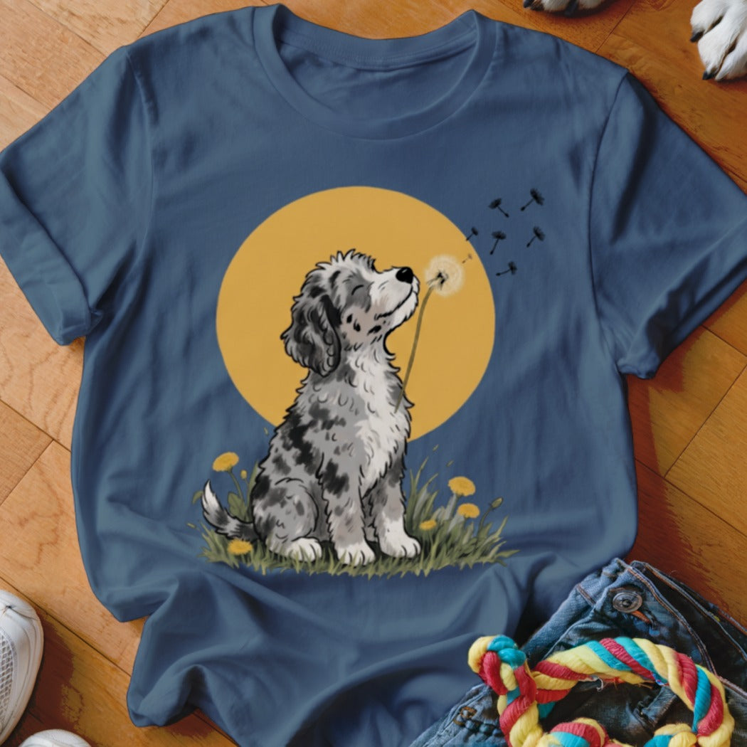 A navy blue t-shirt printed with an illustration of a gray and white puppy blowing dandelion seeds against a yellow sun.