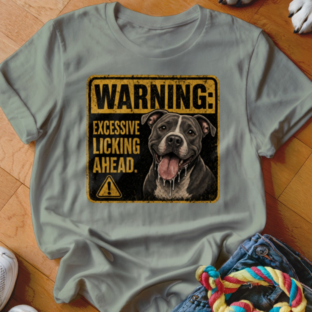 Gray t-shirt with a warning sign featuring a smiling pit bull and text.
