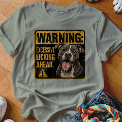 Gray t-shirt with a warning sign featuring a smiling pit bull and text.