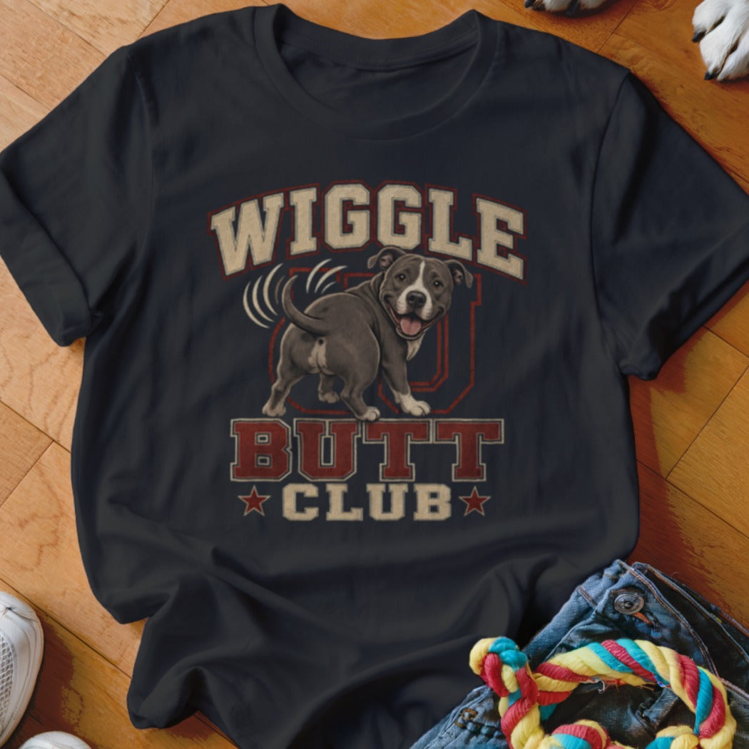 Dark t-shirt with a pitbull graphic and "Wiggle Butt Club" text.