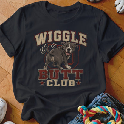 Dark t-shirt with a pitbull graphic and "Wiggle Butt Club" text.