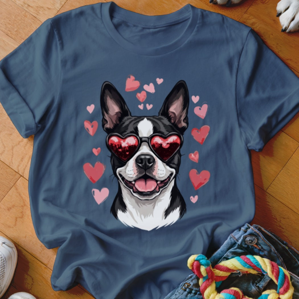Dark blue crewneck t-shirt featuring a graphic of a Boston Terrier wearing heart-shaped sunglasses surrounded by pink hearts.