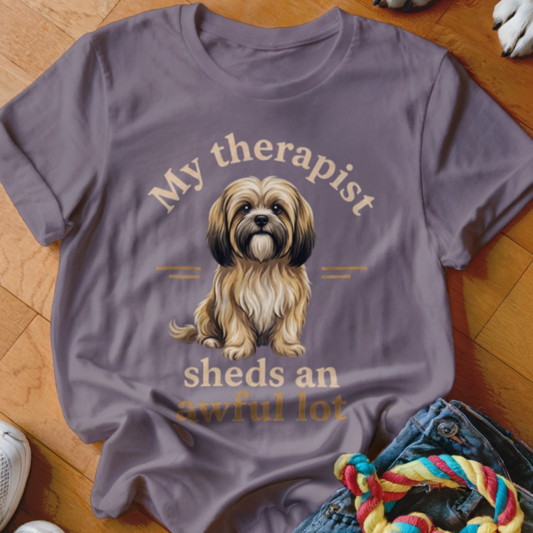 T-shirt with a shih tzu dog graphic and text "My therapist sheds an awful lot."