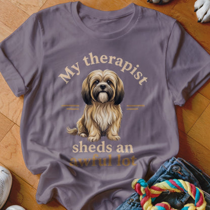 T-shirt with a shih tzu dog graphic and text "My therapist sheds an awful lot."