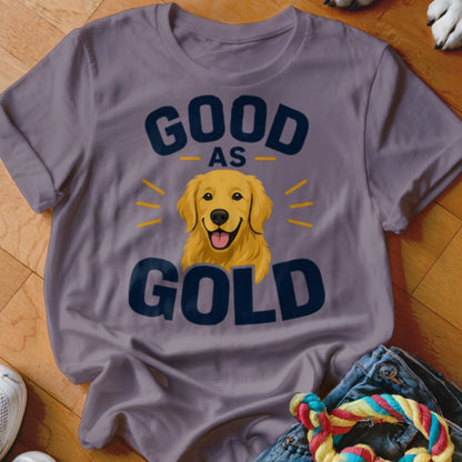 T-shirt with golden retriever illustration and text "GOOD AS GOLD".
