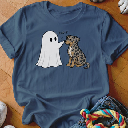 Ghost booping a spotted dog with "boo-p" text on a navy t-shirt.