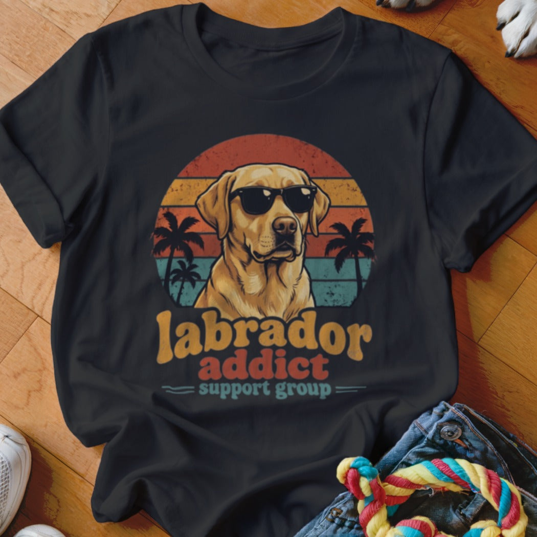 A black t-shirt features a graphic of a yellow Labrador wearing sunglasses in front of a sunset, with text reading Labrador Addict Support Group.