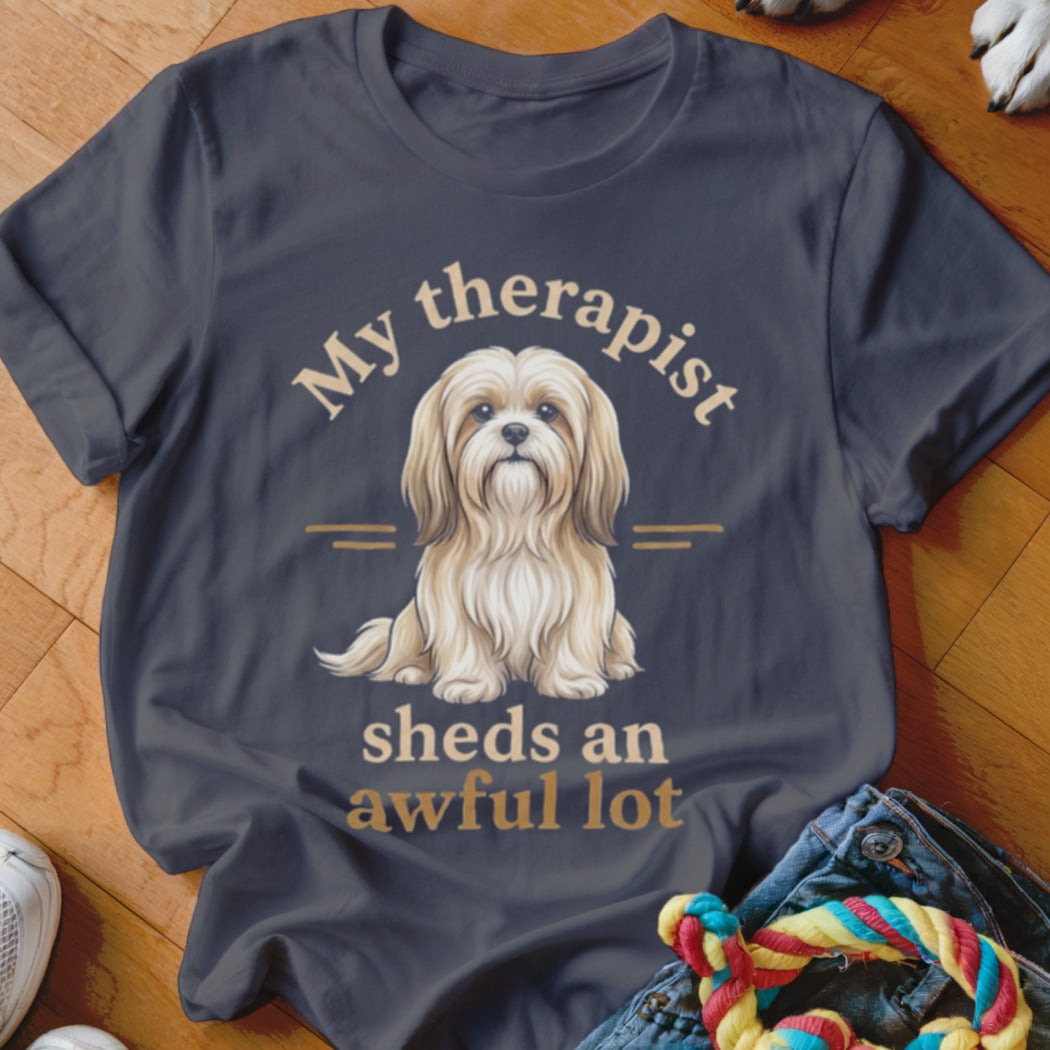 T-shirt with a Shih Tzu dog illustration and text "My therapist sheds an awful lot".