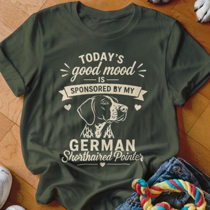 Green t-shirt with "Today's good mood is sponsored by my German Shorthaired Pointer" text and dog illustration.