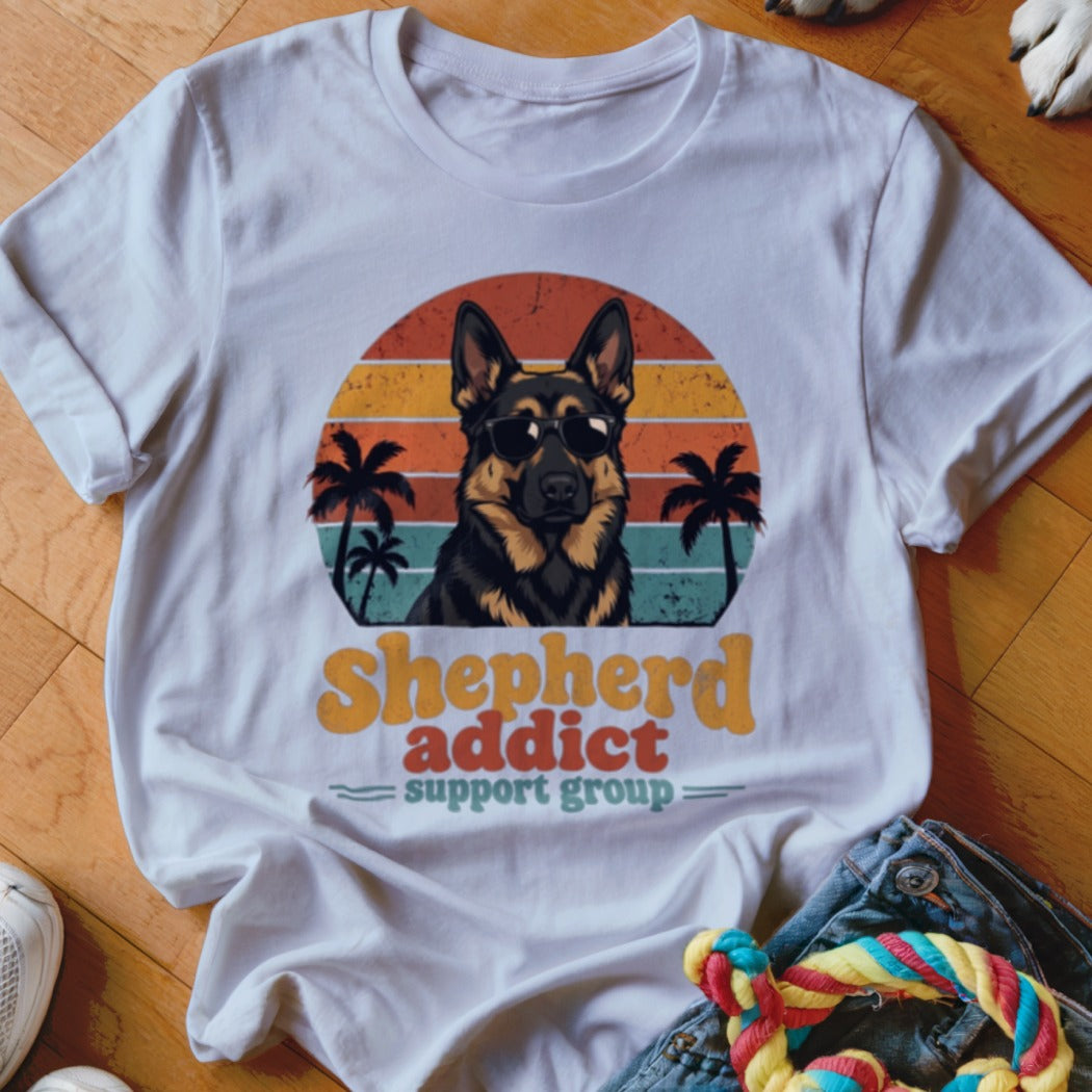 A white t-shirt featuring a graphic of a German Shepherd wearing sunglasses in front of a retro sunset and palm trees, with the text Shepherd addict support group.