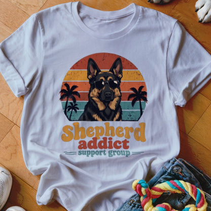 A white t-shirt featuring a graphic of a German Shepherd wearing sunglasses in front of a retro sunset and palm trees, with the text Shepherd addict support group.