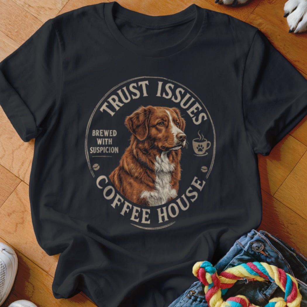 Dark t-shirt with a circular graphic featuring a dog, coffee cup, and text.