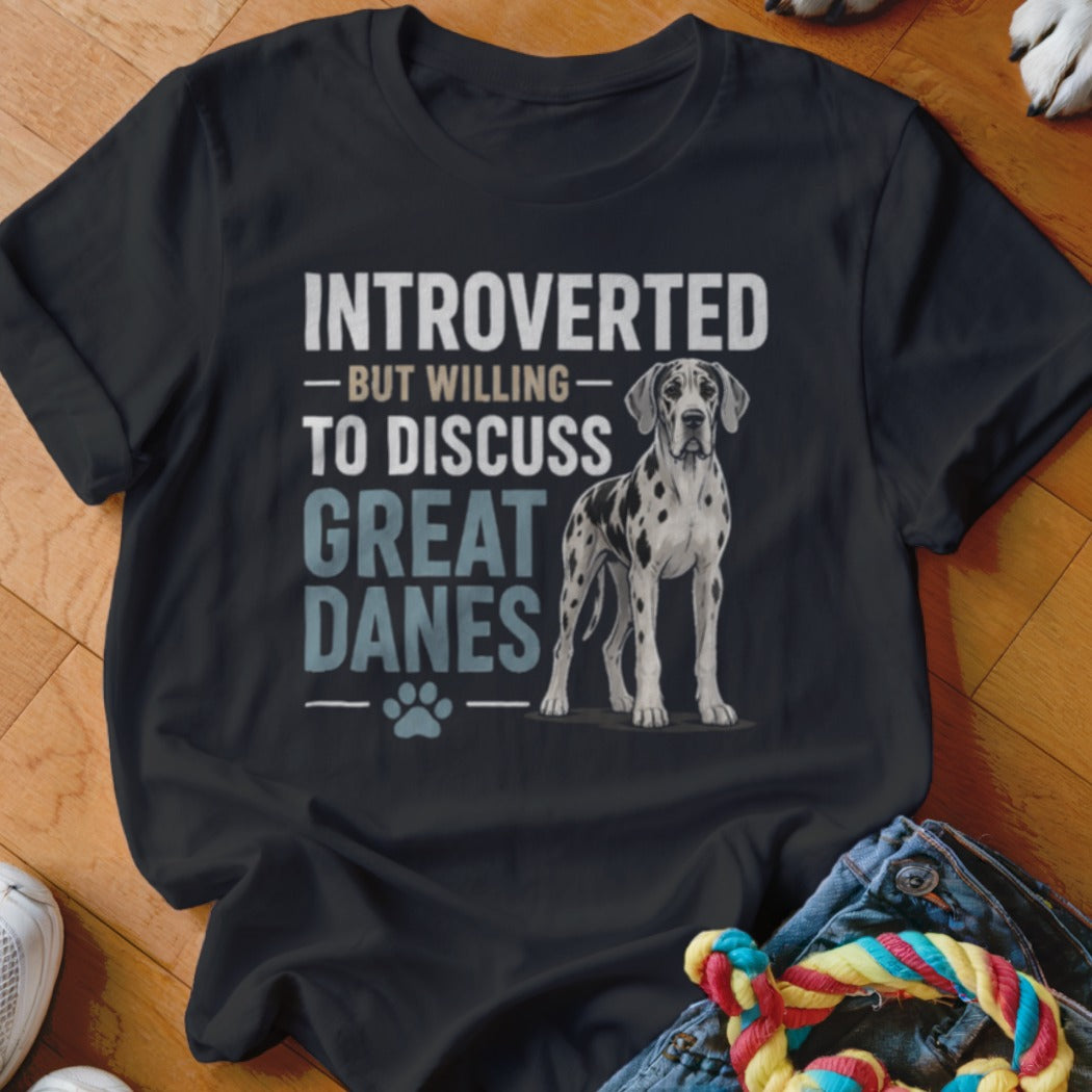 Black t-shirt with "Introverted But Willing To Discuss Great Danes" text and a Great Dane dog illustration.