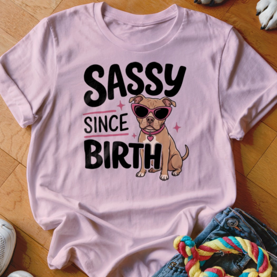 Pink t-shirt with "Sassy Since Birth" text and a pit bull wearing sunglasses.