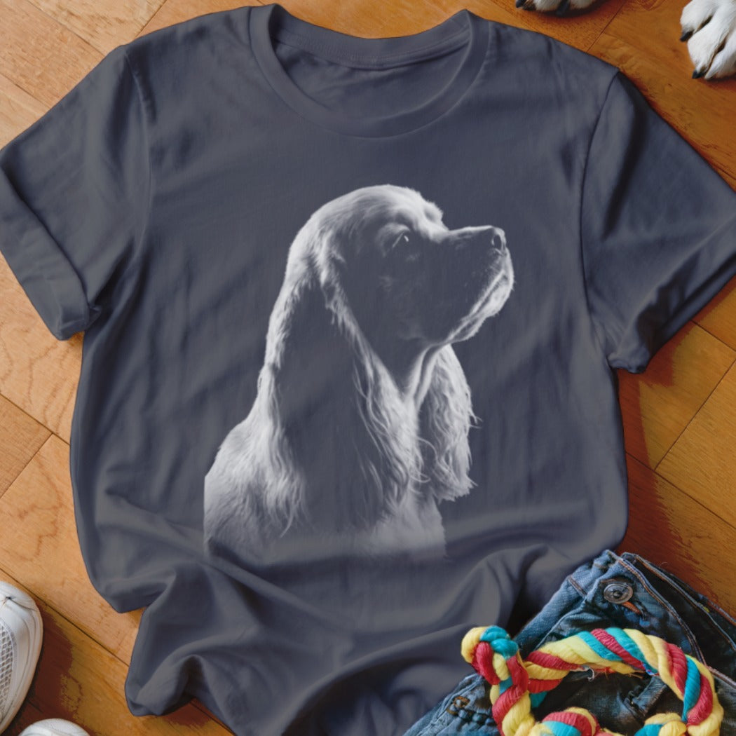 Dark grey t-shirt with a grey-scale illustration of a Cocker Spaniel's head.