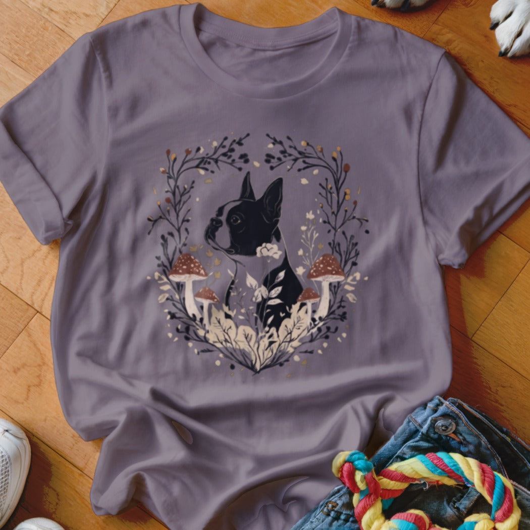 Mauve crewneck t-shirt featuring a graphic of a Boston terrier surrounded by mushrooms and foliage.