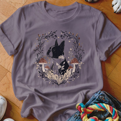 Mauve crewneck t-shirt featuring a graphic of a Boston terrier surrounded by mushrooms and foliage.
