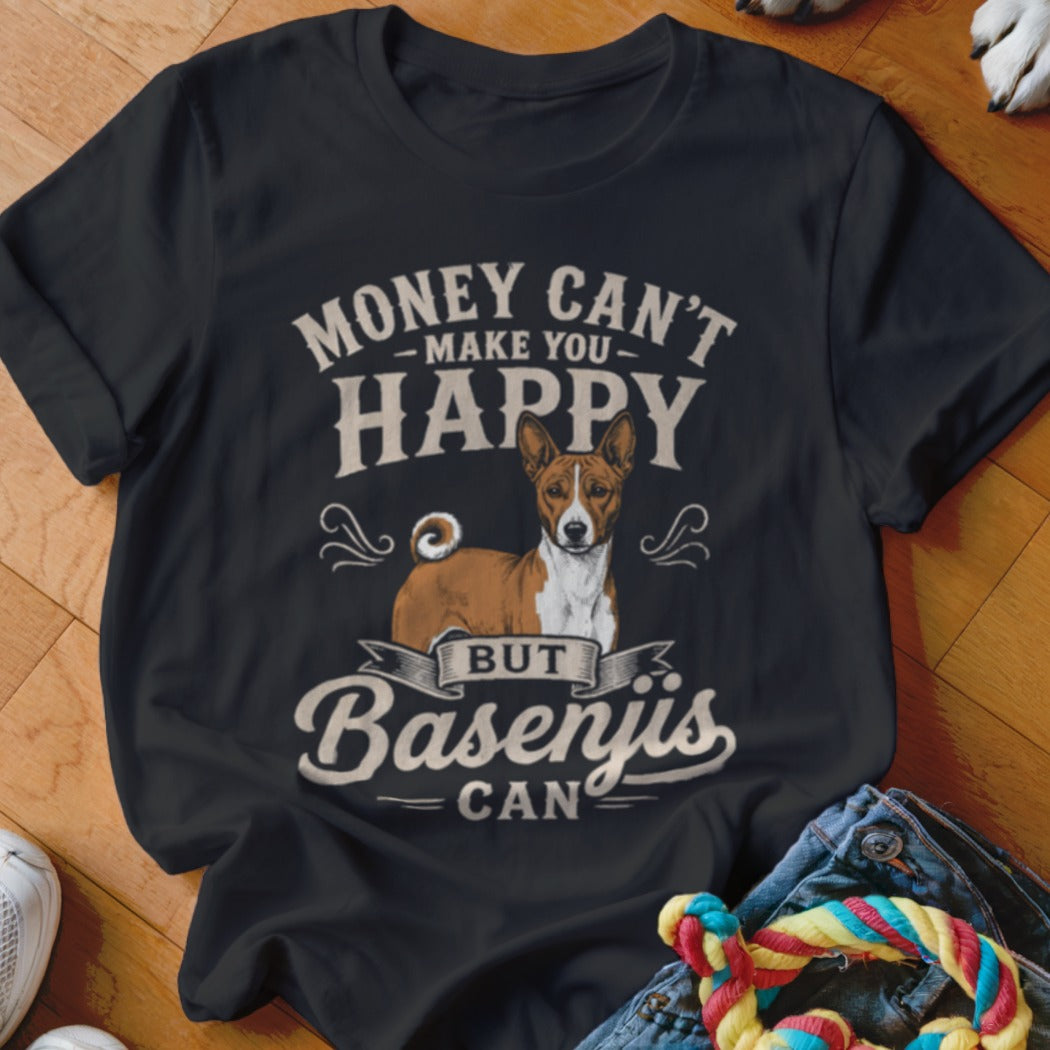 Black t-shirt with Basenji dog and text "Money Can't Make You Happy But Basenjis Can".