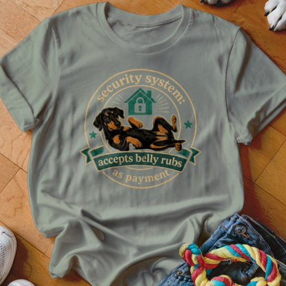 Dachshund on t-shirt with text "security system: accepts belly rubs as payment."