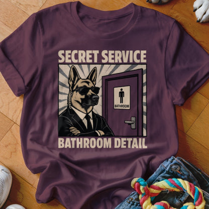 German Shepherd in suit and sunglasses, labeled "Secret Service Bathroom Detail".
