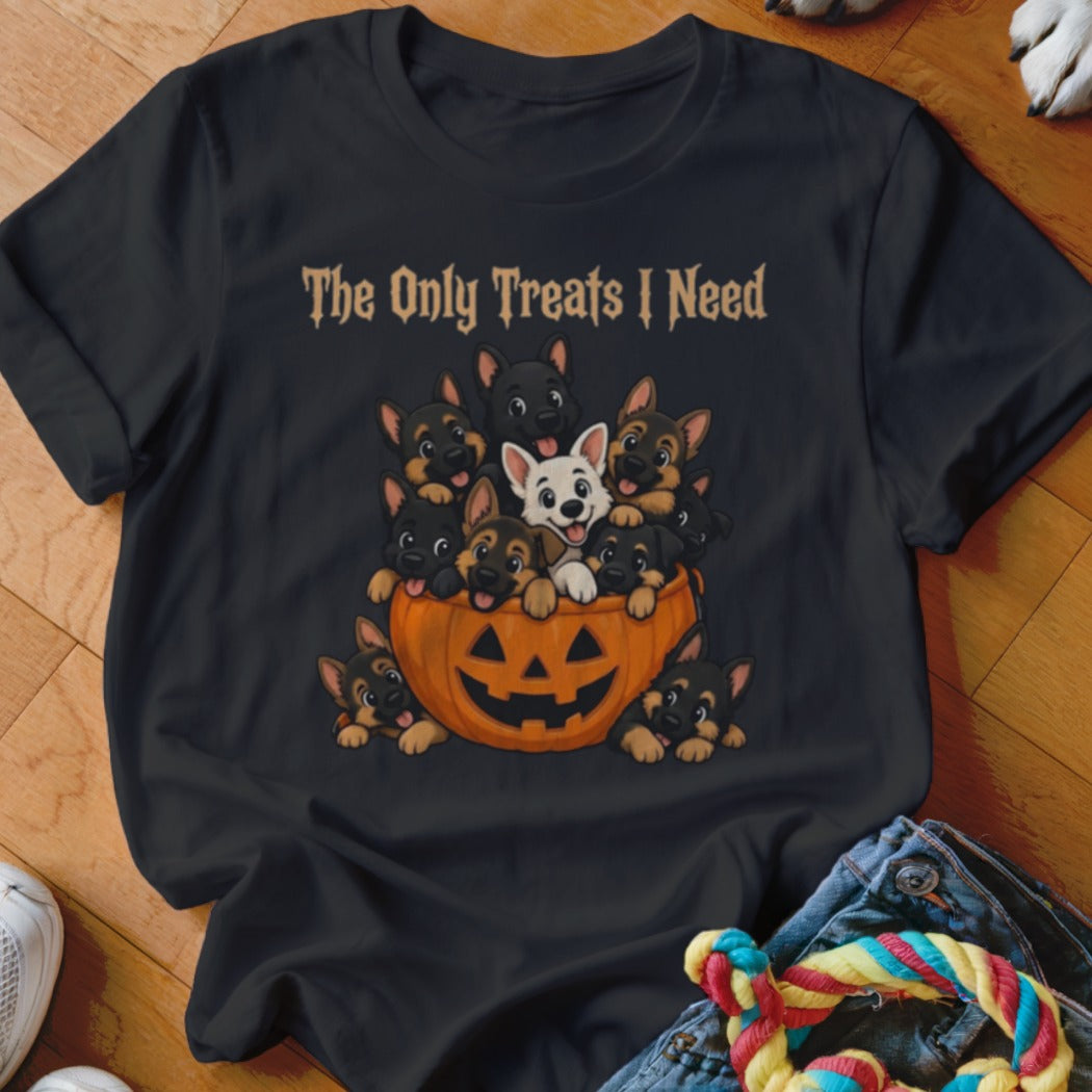 Black t-shirt with a Halloween pumpkin filled with German Shepherd puppies and text "The Only Treats I Need".