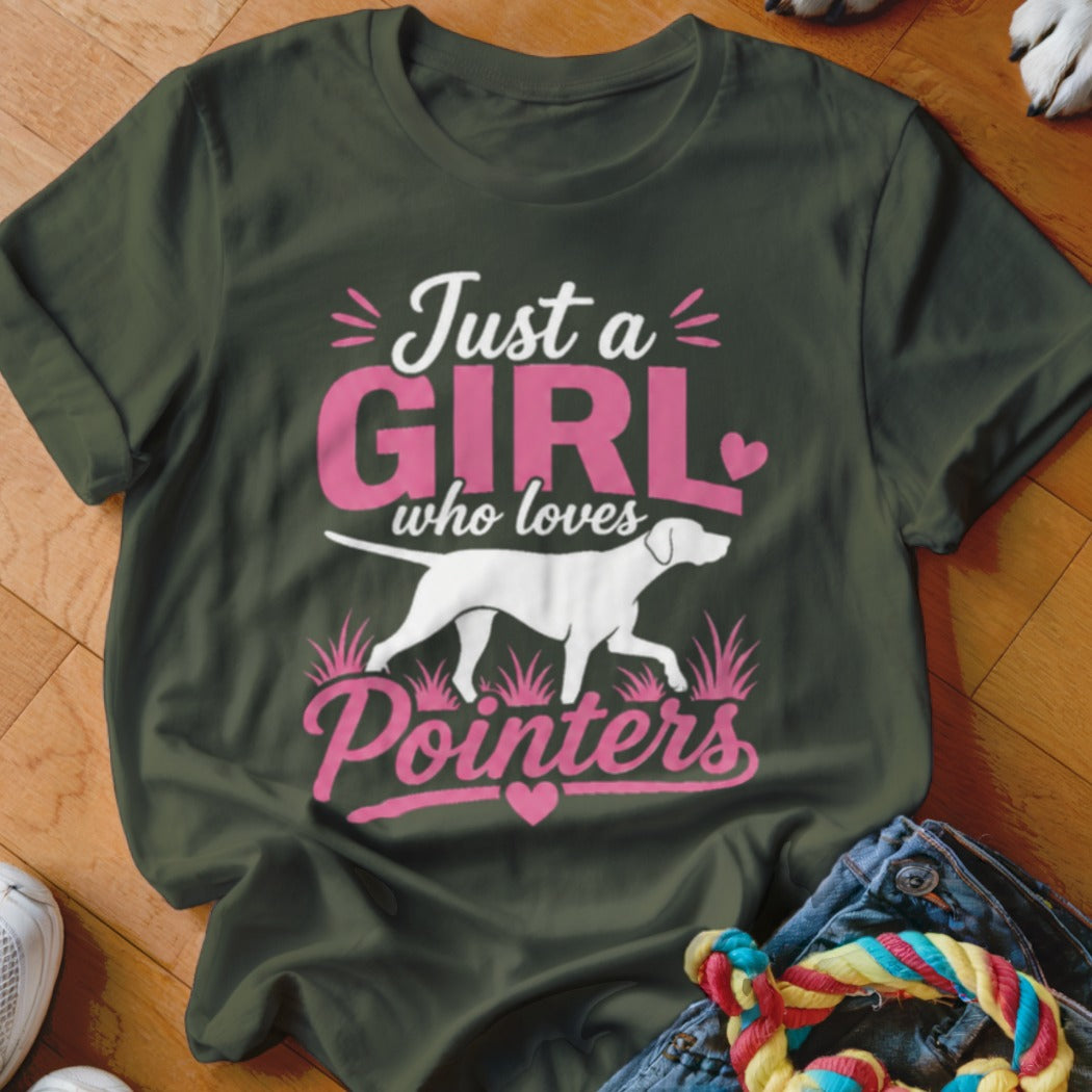 Green t-shirt with text "Just a GIRL who loves Pointers" and a white pointer dog.