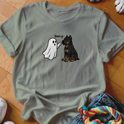 Ghost character "boop-ing" a seated Rottweiler dog with text above.