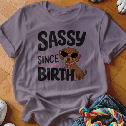 T-shirt with dachshund wearing sunglasses and "Sassy Since Birth" text.