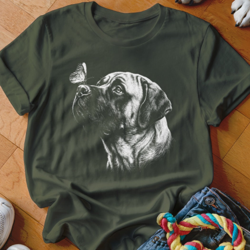 A dark green t-shirt featuring a white graphic of a mastiff dog with a butterfly on its nose.