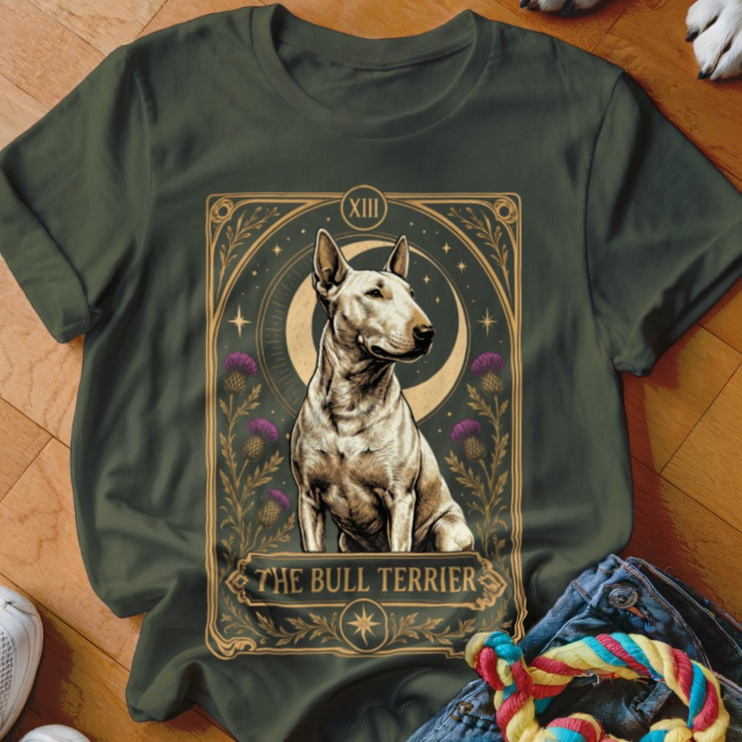 Dark green t-shirt featuring a tarot card style graphic of a bull terrier with thistles and crescent moon.