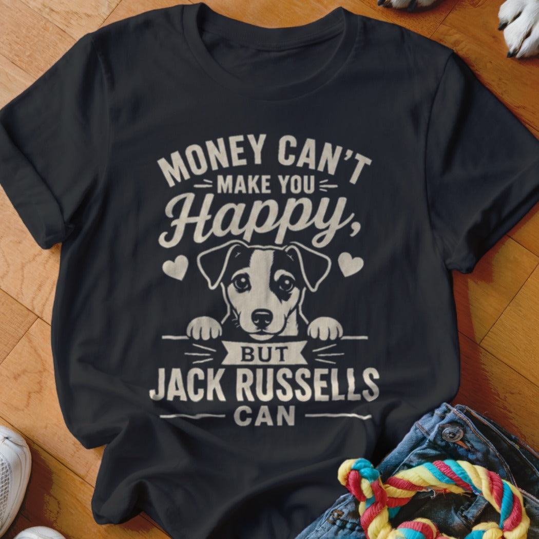 Black t-shirt with "Money Can't Make You Happy, But Jack Russells Can" text and dog.