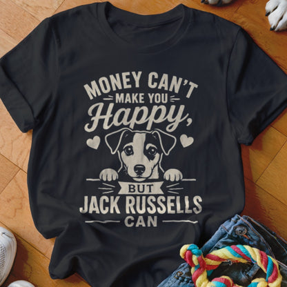Black t-shirt with "Money Can't Make You Happy, But Jack Russells Can" text and dog.