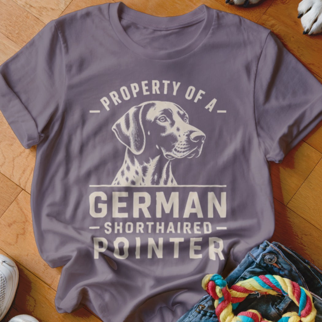 Purple t-shirt with white graphic of German Shorthaired Pointer and text.
