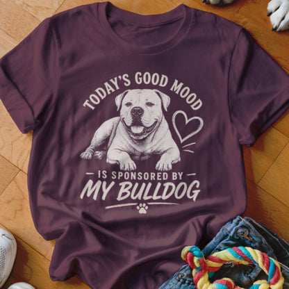 Burgundy t-shirt with "Today's good mood is sponsored by my bulldog" graphic.