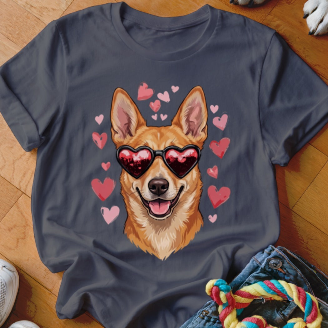 Charcoal crew-neck t-shirt featuring a cartoon dog wearing heart-shaped sunglasses surrounded by pink hearts.