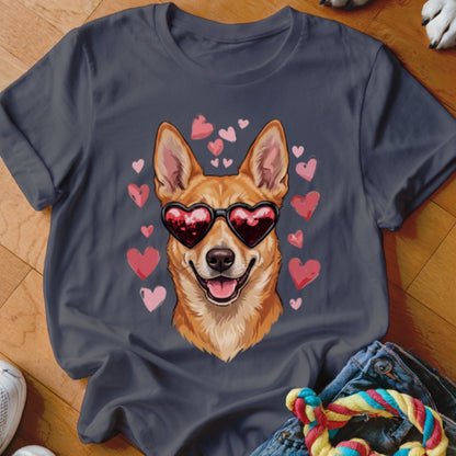 Charcoal crew-neck t-shirt featuring a cartoon dog wearing heart-shaped sunglasses surrounded by pink hearts.