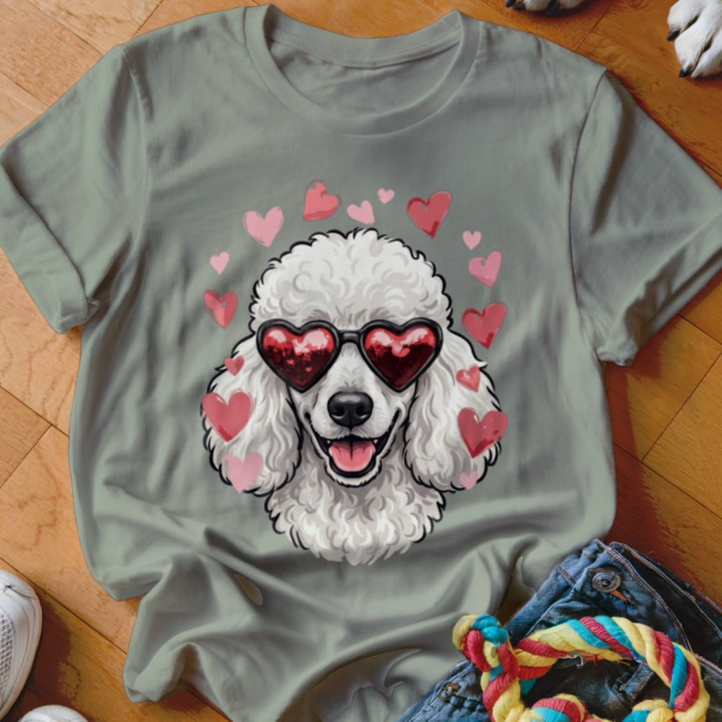 Sage green t-shirt featuring a graphic of a white poodle wearing heart-shaped sunglasses surrounded by pink hearts.